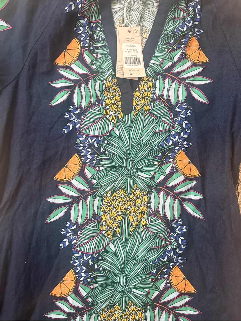 Boden linen dress tunic NWT US 6 notch neck linen mini navy pineapple bloom - Picture 15 of 16